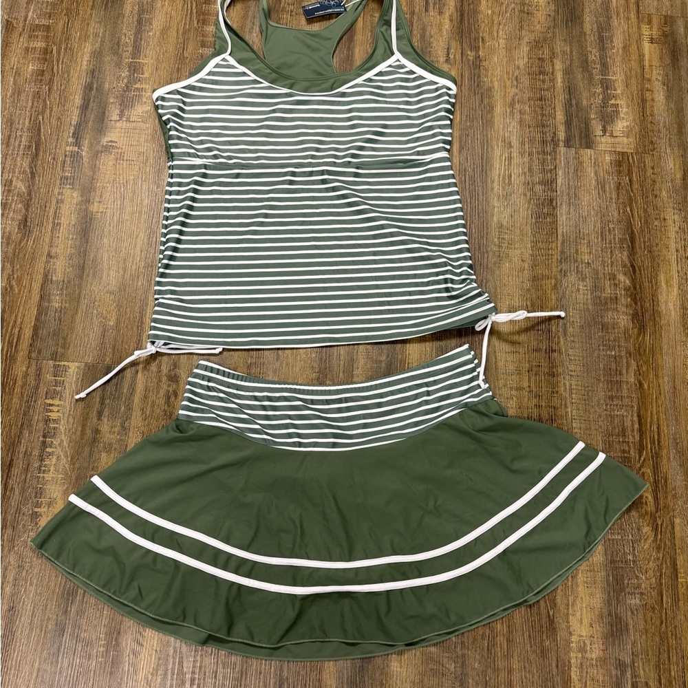 Women's Olive Green Striped Tankini Coverup with Skirt